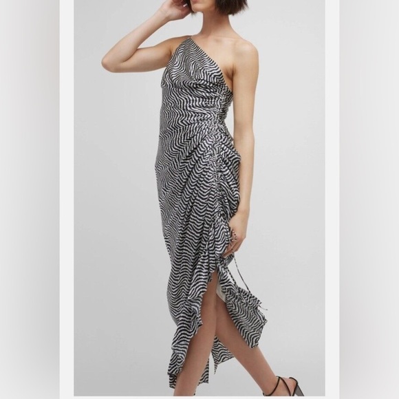 NWT Cinq A Sept Ruffled 100% Silk Midi Dress Sz 4 New Black White Asymmetric Hem - Picture 1 of 13
